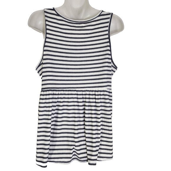 Maurices Womens Babydoll Peplum Tank Top Large White Navy Blue Striped Lace Up - Picture 2 of 9